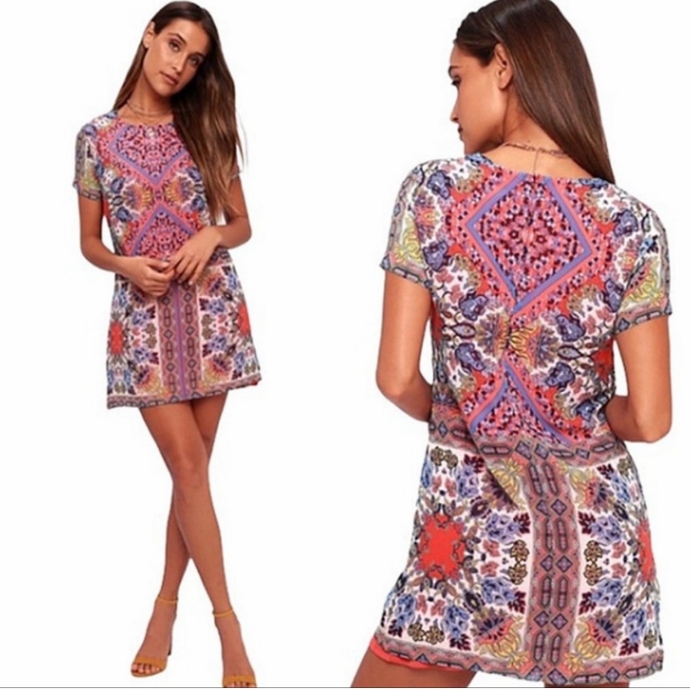 Lulus Sangria Coral Pink Tile Print Shift Lined Short Sleeve Mini Dress S